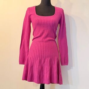 Lulu's Women’s S Fuchsia Pink Ribbed Long Sleeve Dress Bodycon Y2K Square Neck